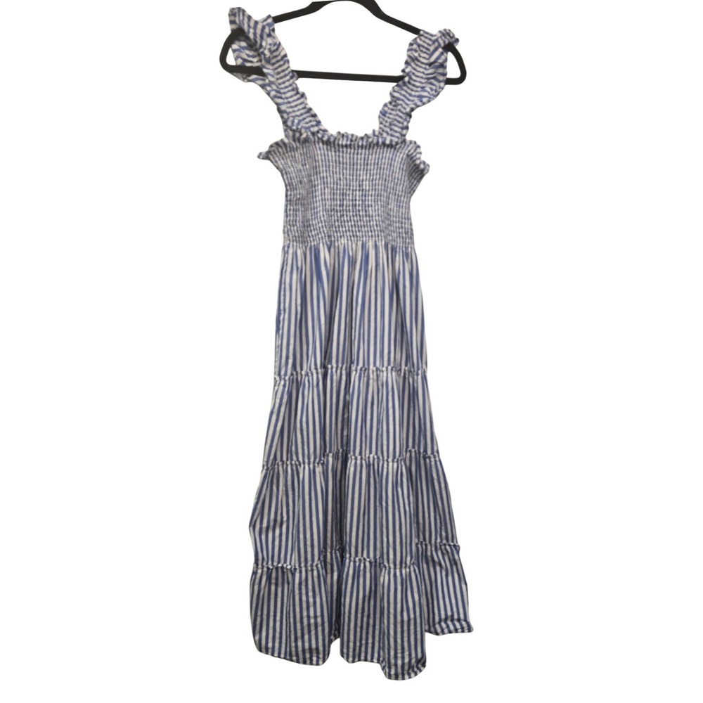 Quince Cotton Smocked Tiered Midi Dress Blue White Stripe S Coastal Cottagecore